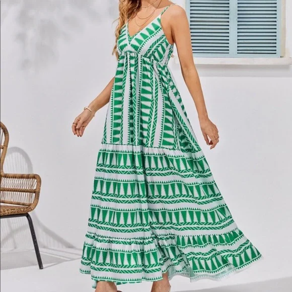 Boho Geo Abstract Print Cami Maxi Dress GREEN - Picture 3 of 11
